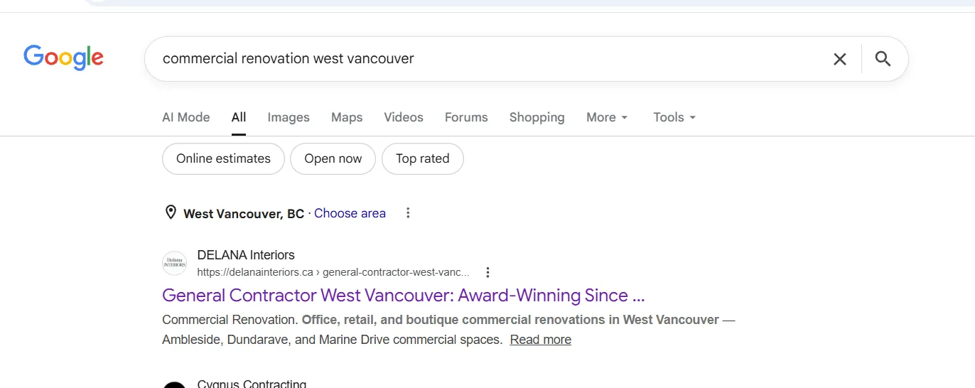 DELANA Interiors ranking #1 on Google organic search for commercial renovation West Vancouver