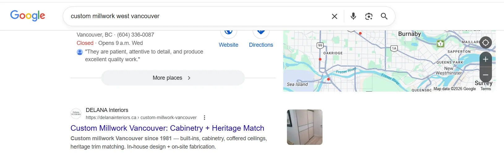 DELANA Interiors ranking #1 on Google organic search for custom millwork West Vancouver