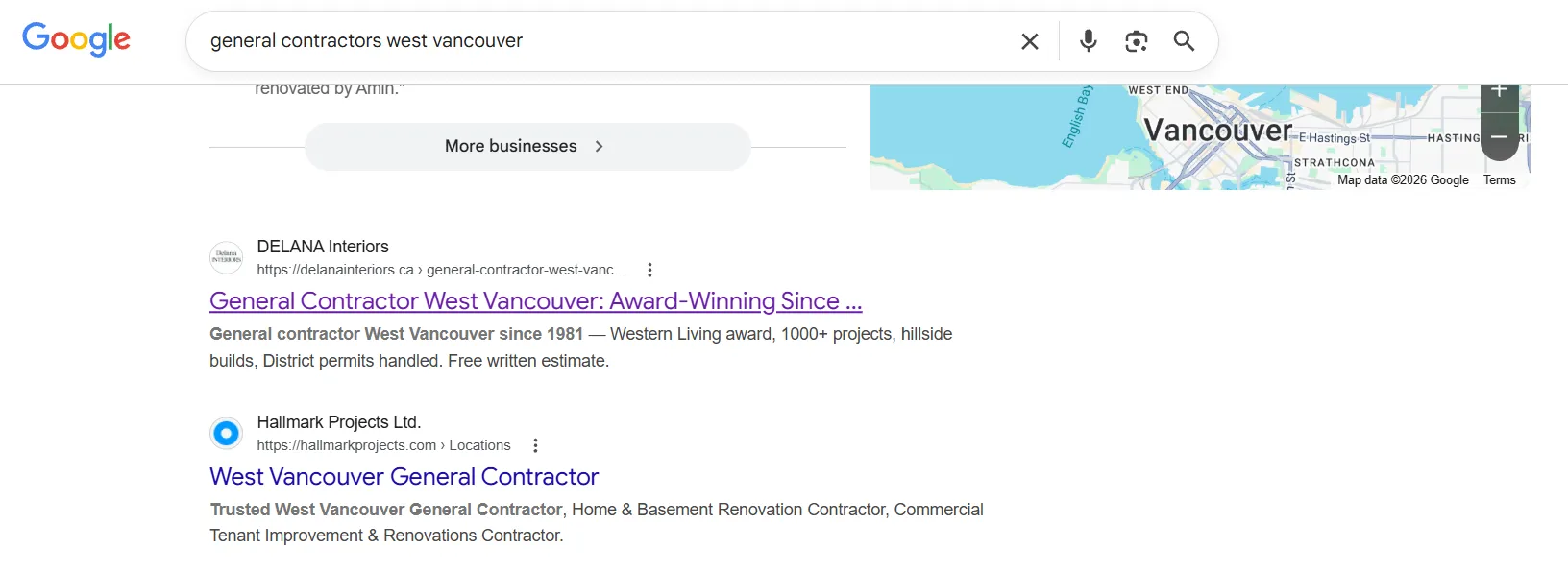 DELANA Interiors ranking #1 on Google organic search for general contractor West Vancouver