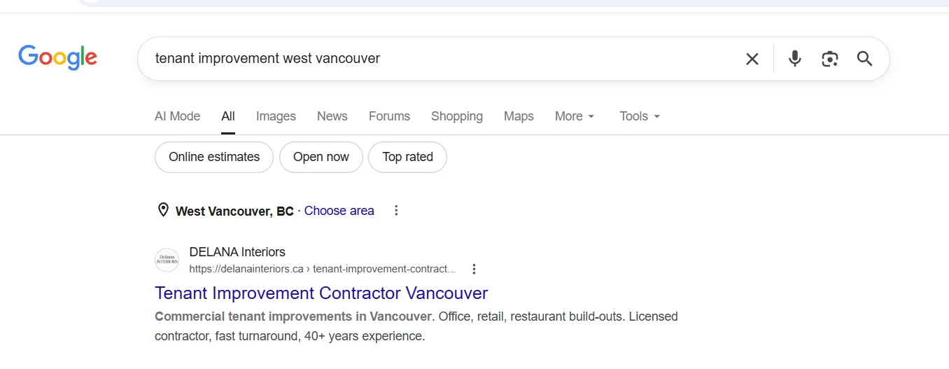 DELANA Interiors ranking #1 on Google organic search for tenant improvement West Vancouver