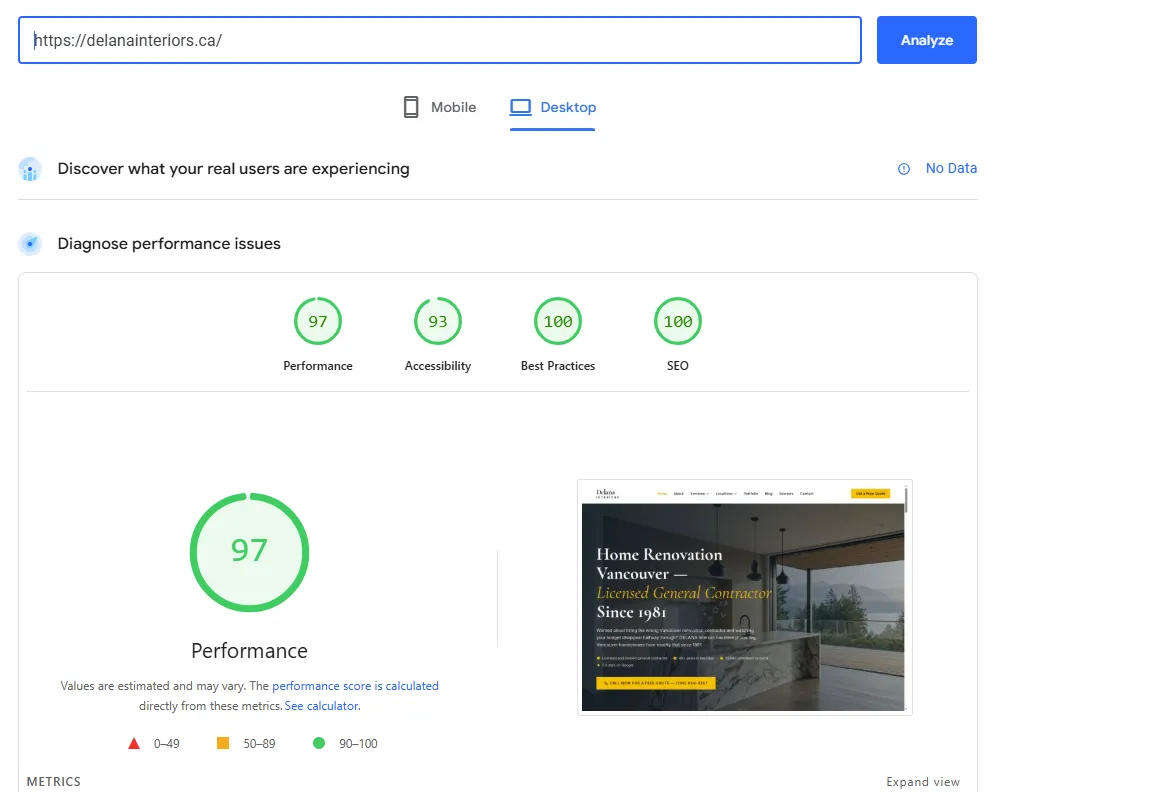 Google PageSpeed Insights report for delanainteriors.ca — Performance 97, Accessibility 93, Best Practices 100, SEO 100 (Desktop, 2026-04-19)
