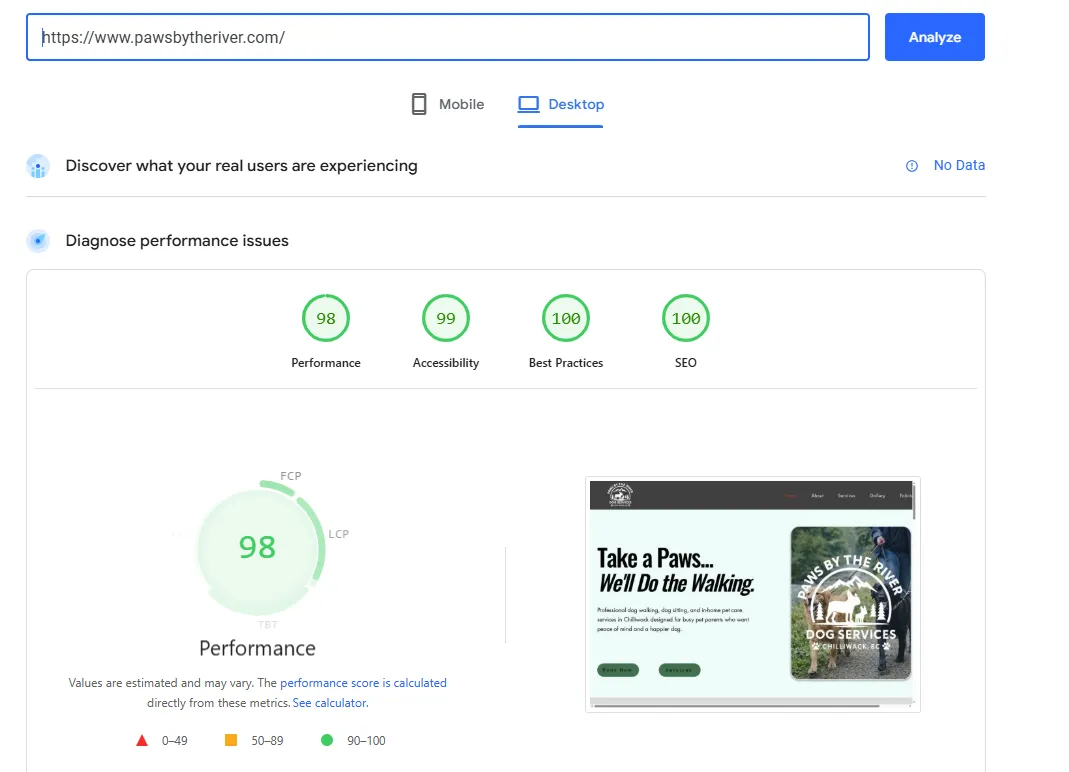 Google PageSpeed Insights report for pawsbytheriver.com — Performance 98, Accessibility 99, Best Practices 100, SEO 100 (Desktop, 2026-04-19)