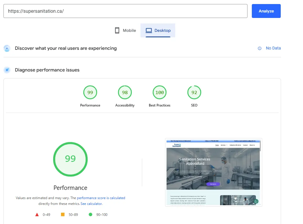 Google PageSpeed Insights report for supersanitation.ca — Performance 99, Accessibility 98, Best Practices 100, SEO 92 (Desktop, 2026-04-19)