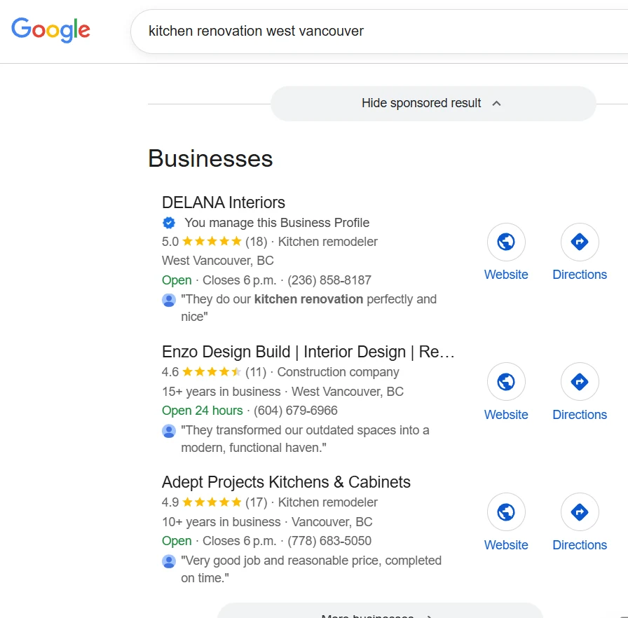 Google Map Pack for "kitchen renovation west vancouver" — DELANA Interiors ranks #1 with 5.0 stars and 18 reviews, above two competitors with 10-15+ years in business